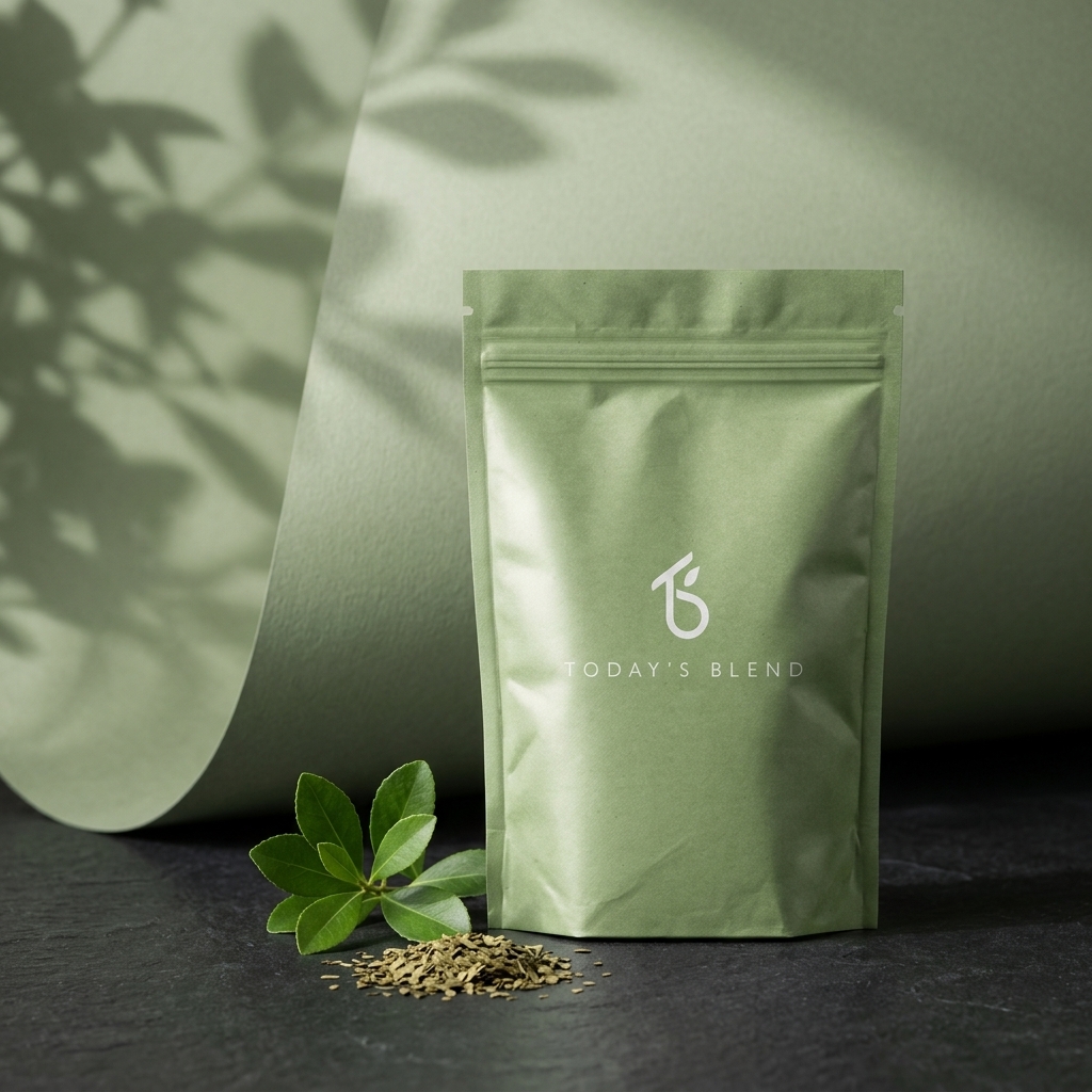 Groene zak Mate Green van Today’s Blend met groene bladeren en losse mate