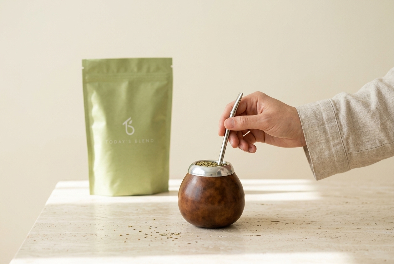 Hand zet een metalen bombilla in een bruine kalebas met yerba mate, naast een groene zak van Today's Blend op een lichte stenen tafel