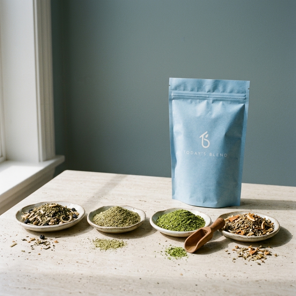 Blauwe zak van Today's Blend op een lichte stenen tafel met vier schaaltjes losse yerba mate in verschillende soorten en een houten schepje