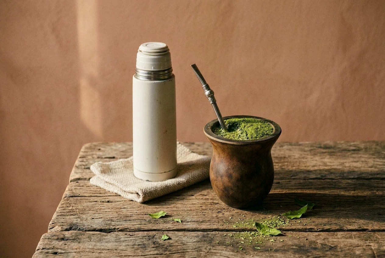 Kalebas met felgroene erva-mate en een metalen bombilla naast een crème witte thermosfles op een oude houten tafel