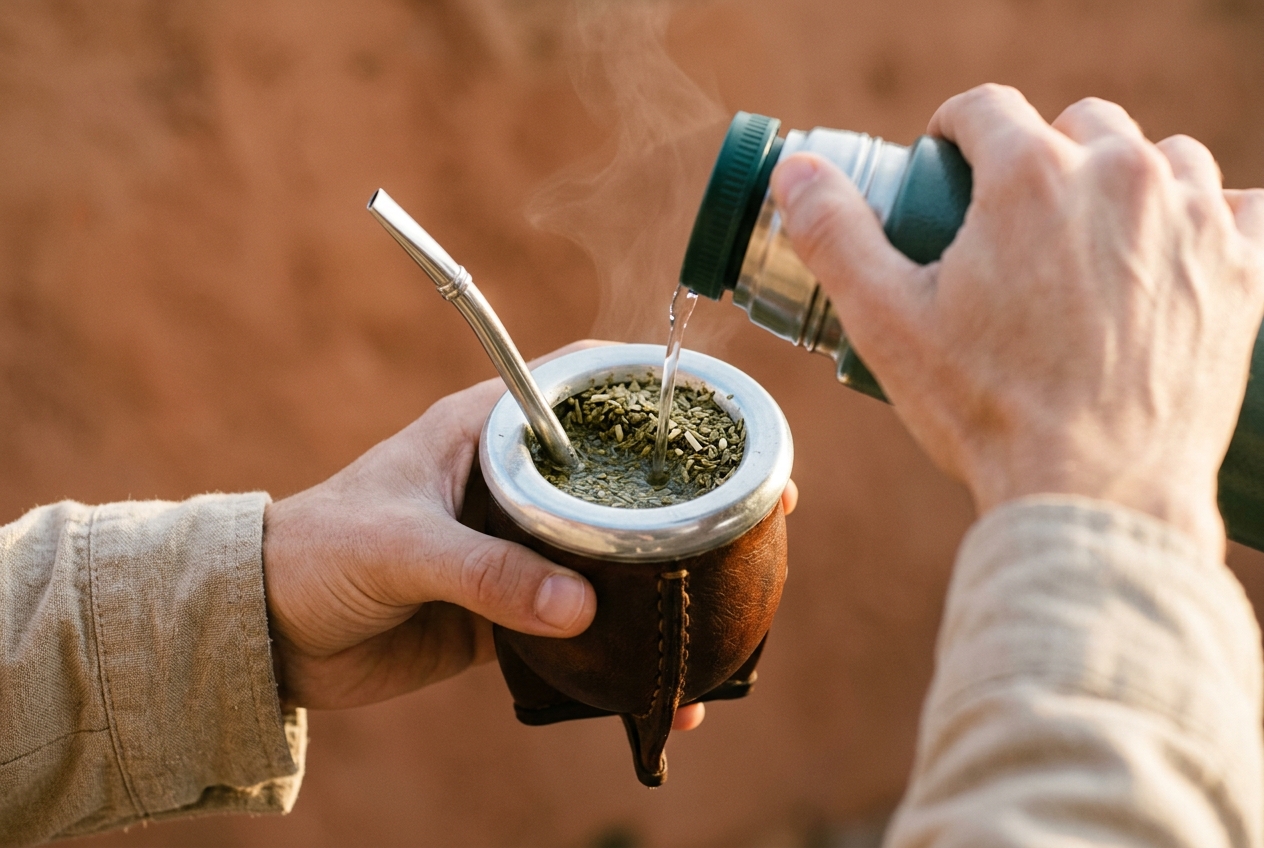 Hand schenkt heet water uit een groene thermosfles in een kalebas met yerba mate en metalen bombilla
