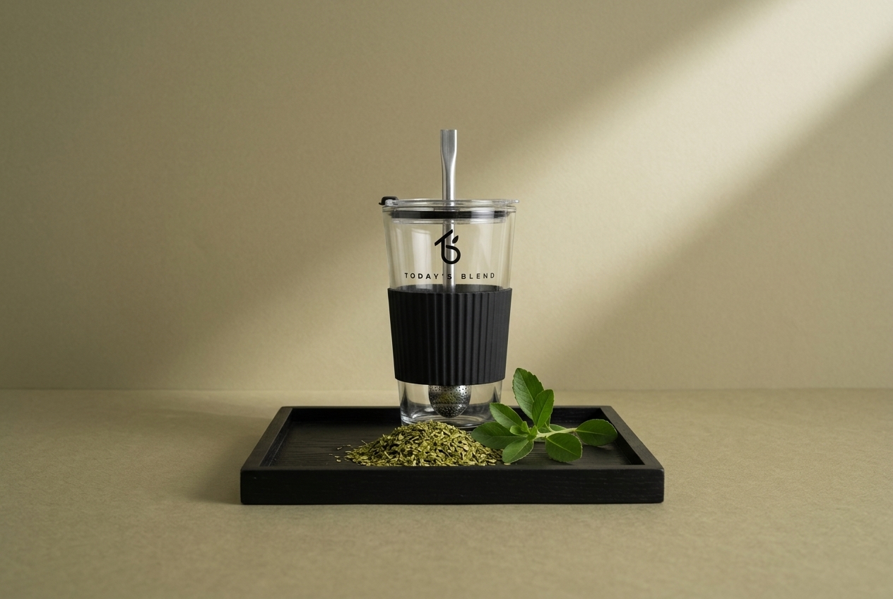 Glazen tumbler van Today's Blend met filterrietje, losse yerba mate en groene blaadjes op een zwart dienblad