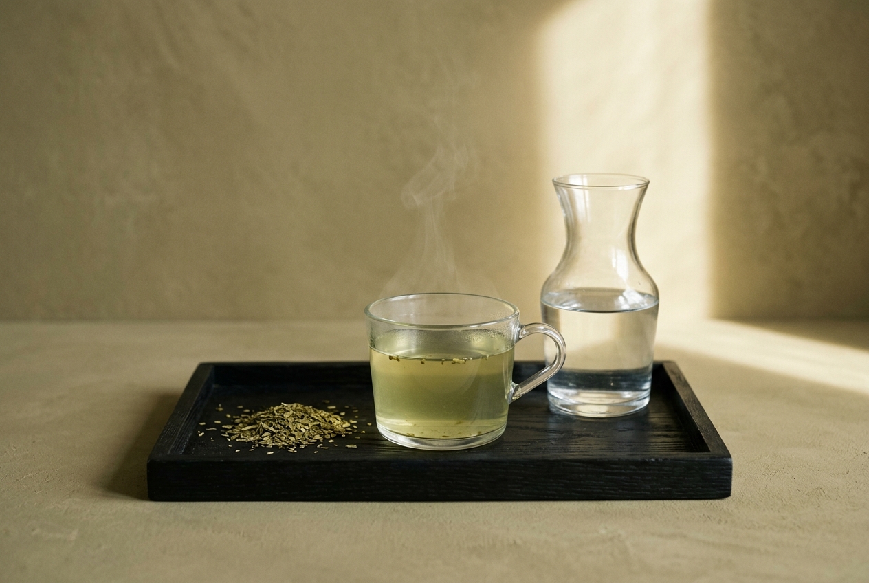 Glazen kop yerba mate naast een karaf water en losse mate op een zwart dienblad