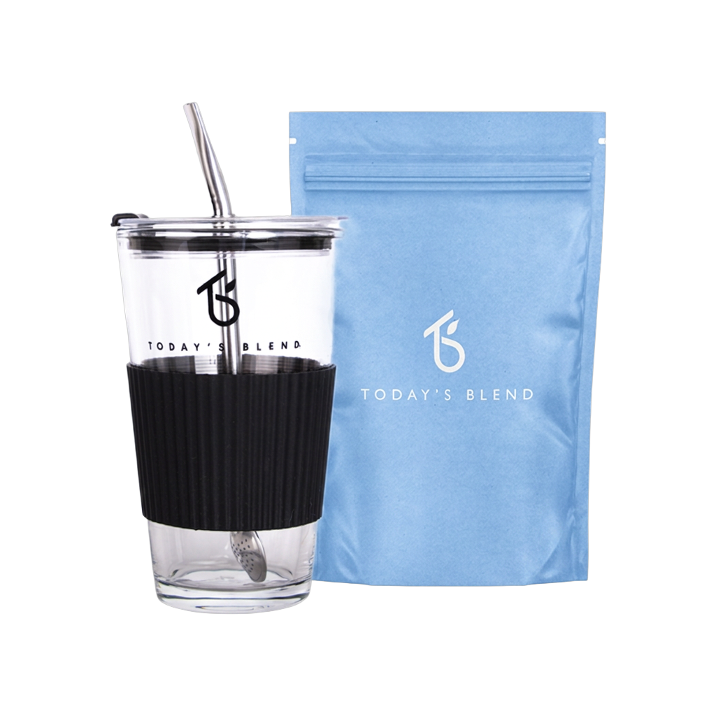Glazen tumbler van Today’s Blend met zwart hoesje en blauwe zak losse mate