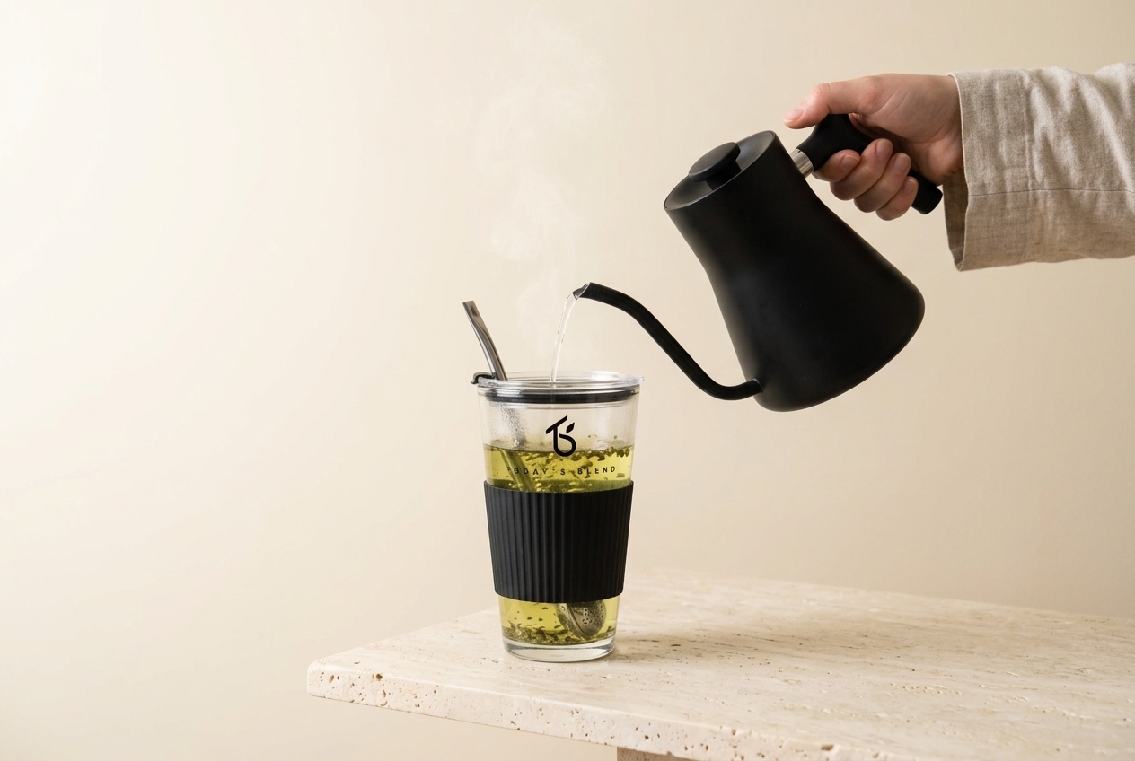Water uit een zwarte waterketel schenken in een glazen tumbler van Today's Blend met yerba mate en filterrietje