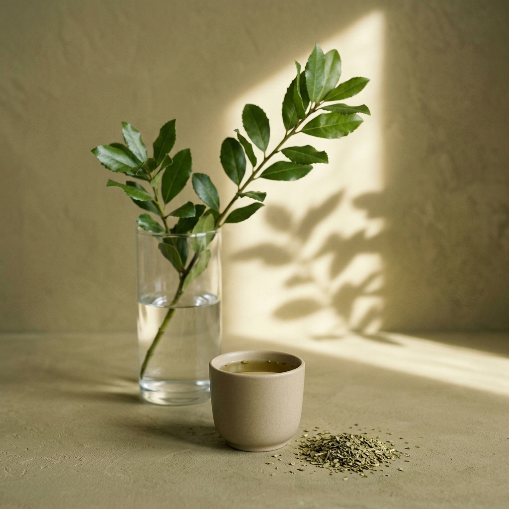 Tak yerba mate in een glazen vaas met water, naast een beige beker thee en een hoopje losse yerba mate in het zonlicht op een beige ondergrond