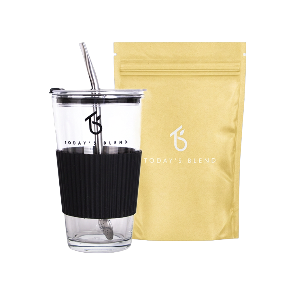 Glazen tumbler van Today’s Blend met zwart hoesje en gele zak losse mate