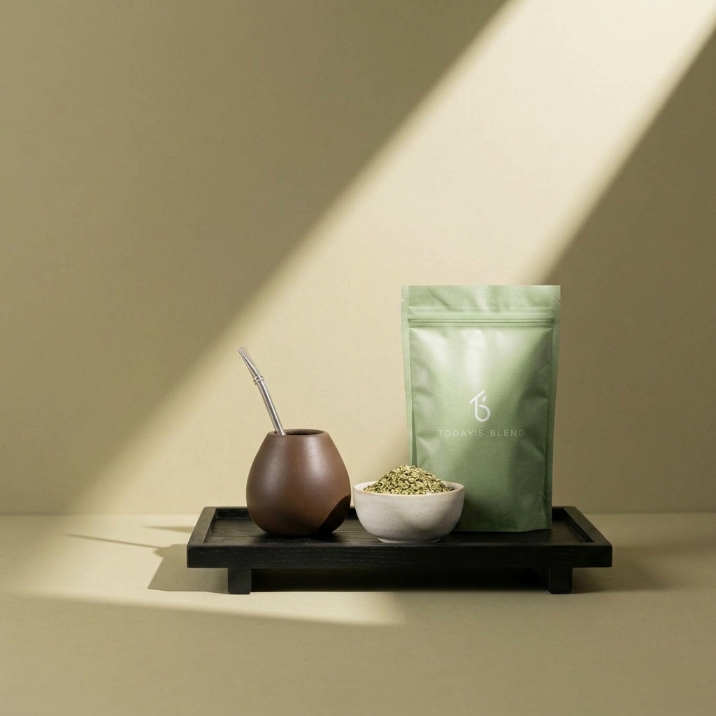 Kalebas met bombilla, kommetje yerba mate en groene zak van Today's Blend op een houten plateau