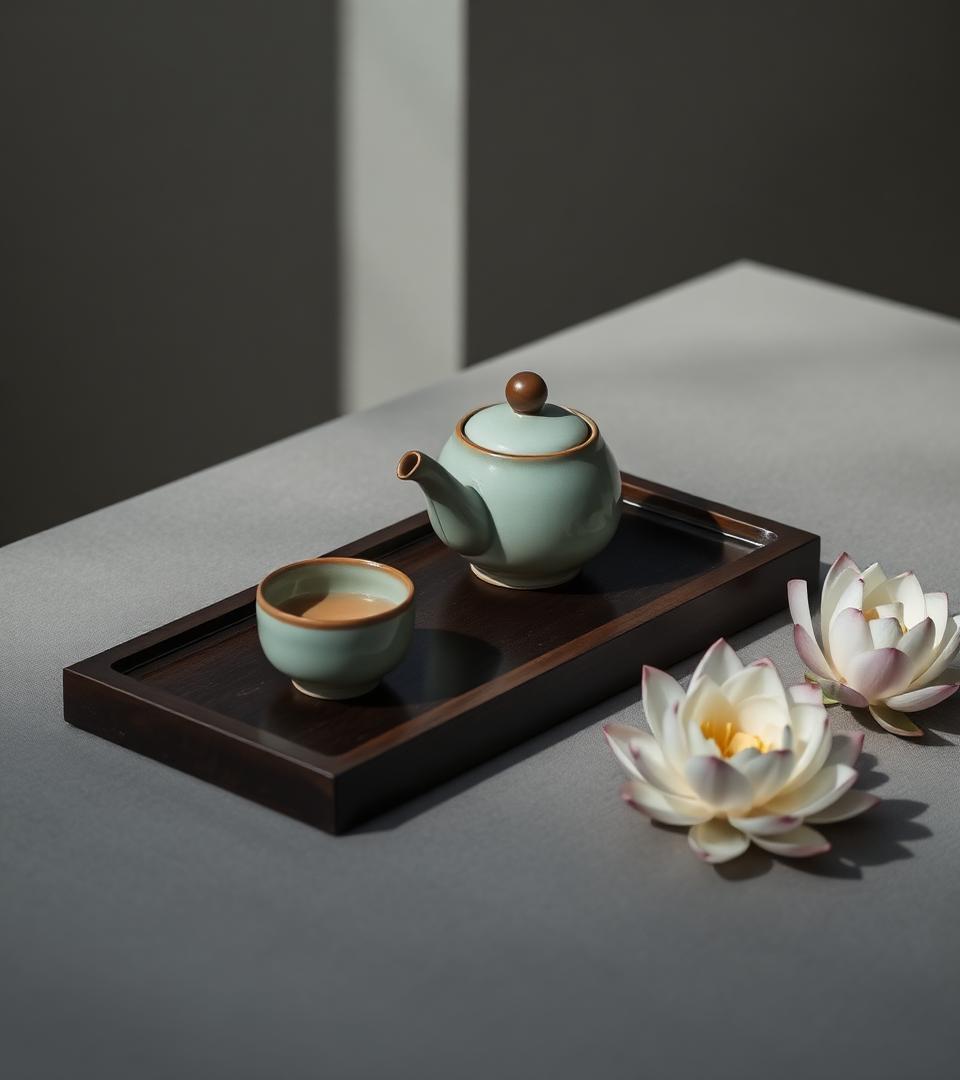 Theepot en kopje op een houten dienblad met witte bloemen