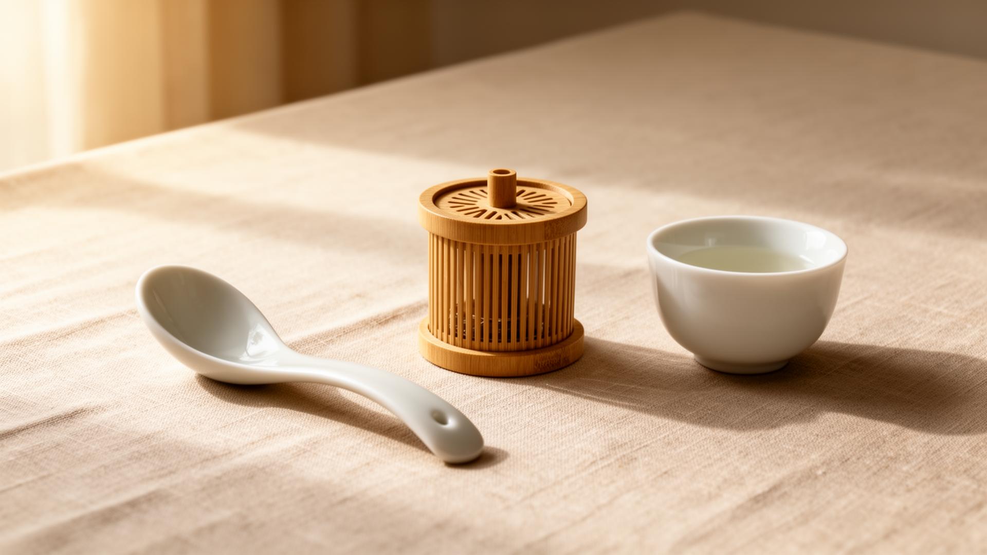 Lepel, houten bakje en kopje op een linnen tafel