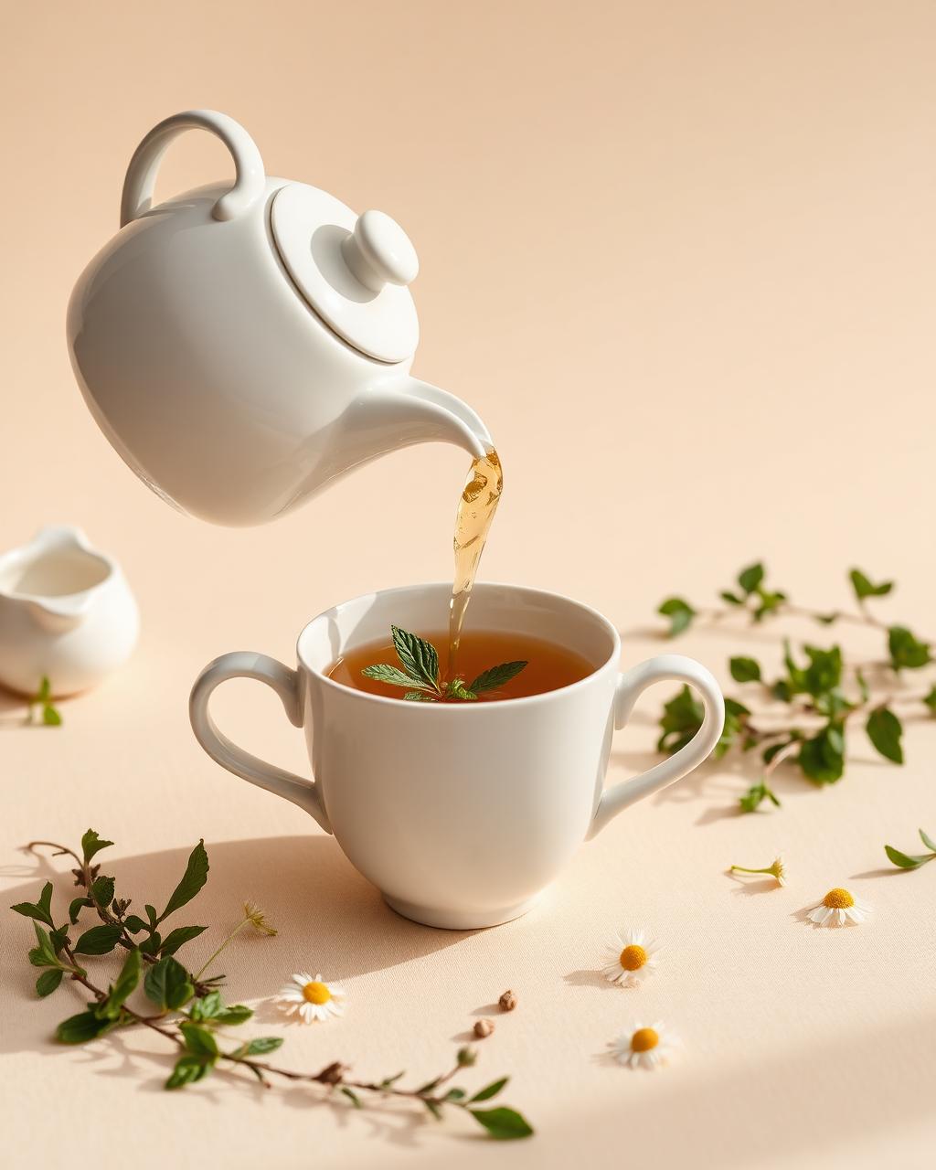 Theepot die thee in een wit kopje schenkt