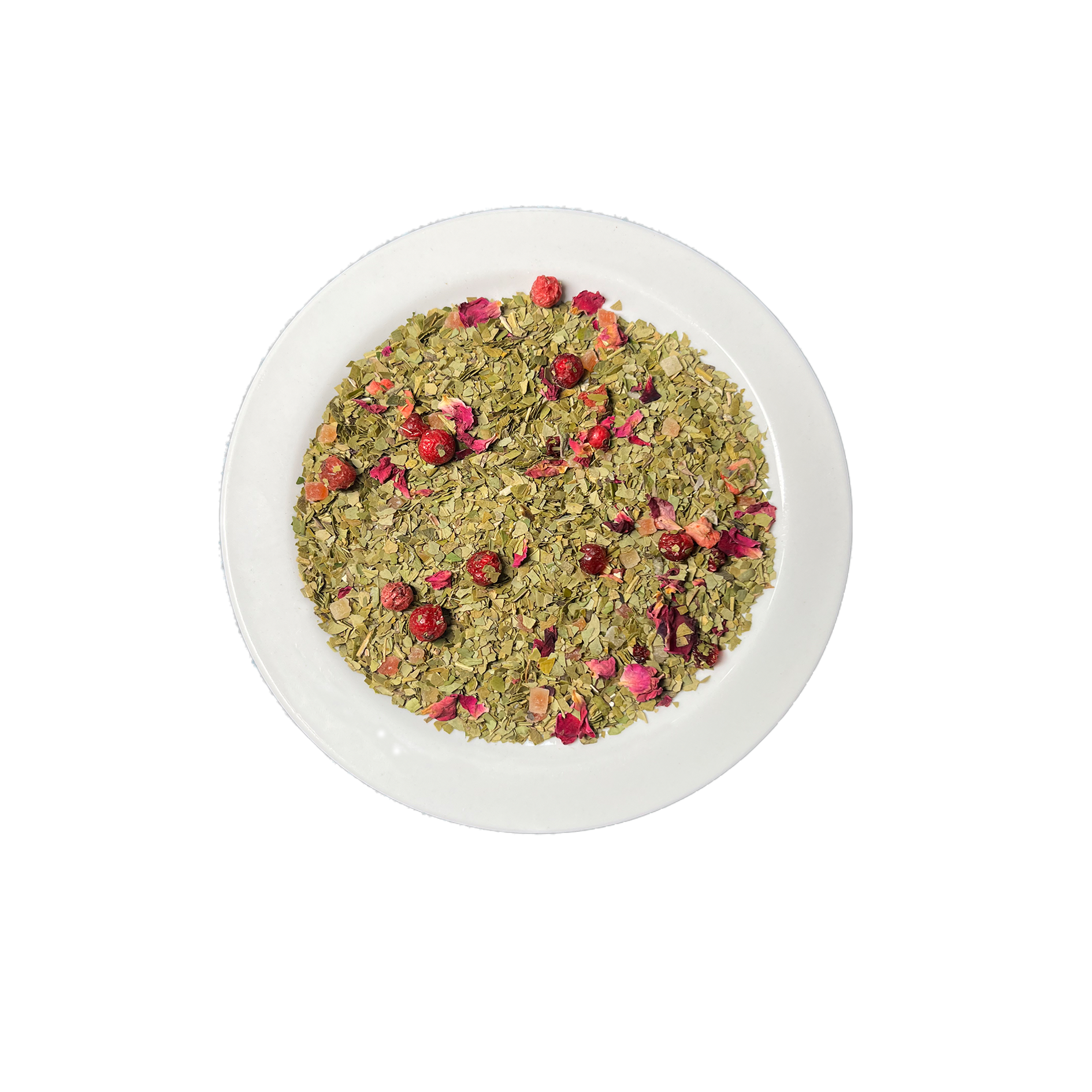 Yerba mate Granaatappel & Papaya – losse kleurrijke blend op bordje