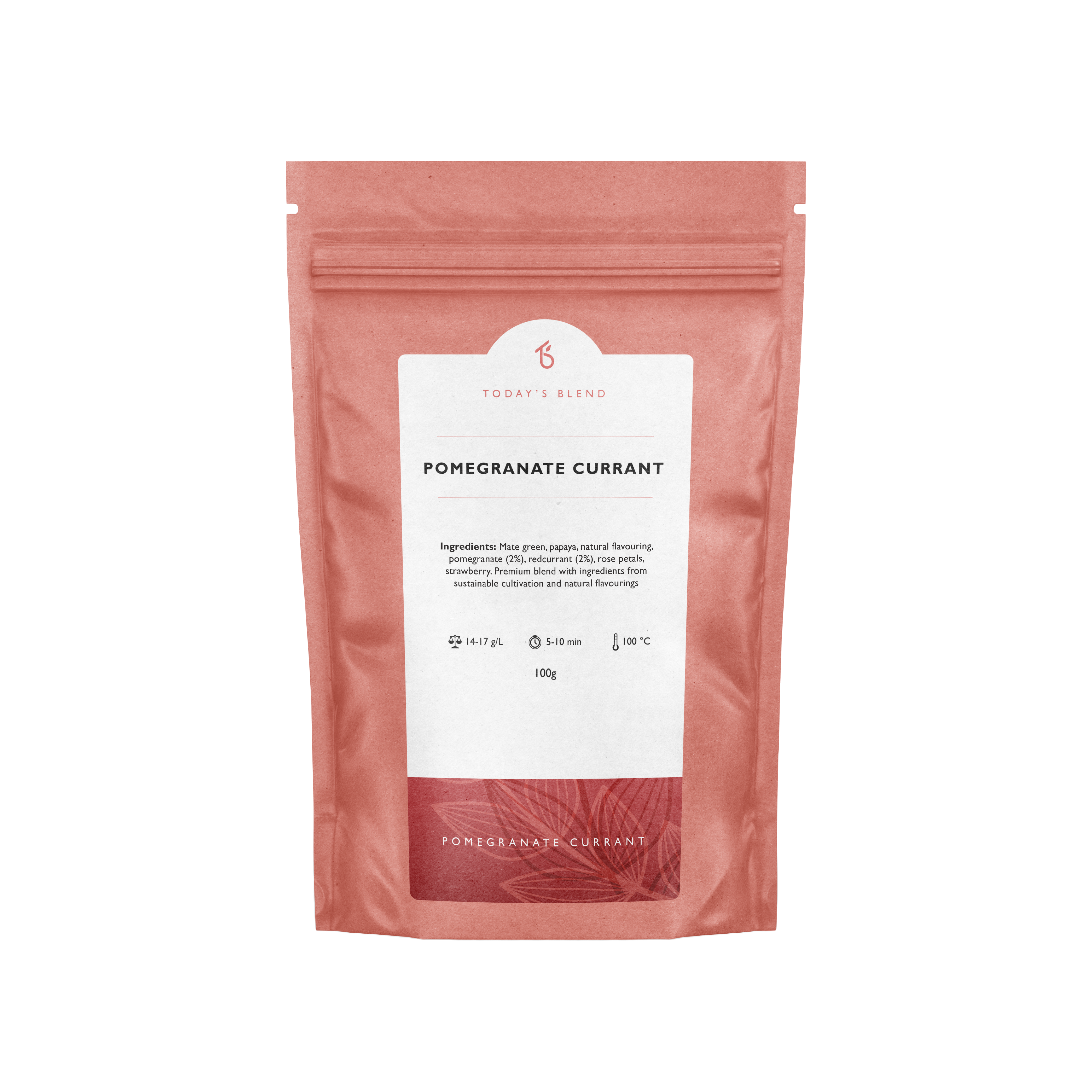 Yerba mate Granaatappel & Papaya – verpakking achterkant met ingrediënten
